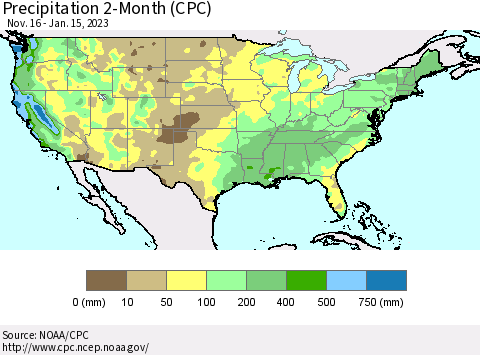 United States Precipitation 2-Month (CPC) Thematic Map For 11/16/2022 - 1/15/2023