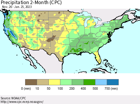 United States Precipitation 2-Month (CPC) Thematic Map For 11/26/2022 - 1/25/2023