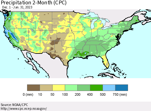 United States Precipitation 2-Month (CPC) Thematic Map For 12/1/2022 - 1/31/2023