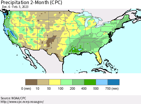 United States Precipitation 2-Month (CPC) Thematic Map For 12/6/2022 - 2/5/2023