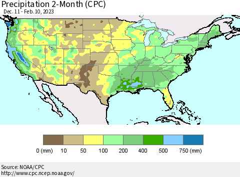 United States Precipitation 2-Month (CPC) Thematic Map For 12/11/2022 - 2/10/2023