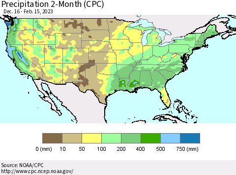 United States Precipitation 2-Month (CPC) Thematic Map For 12/16/2022 - 2/15/2023