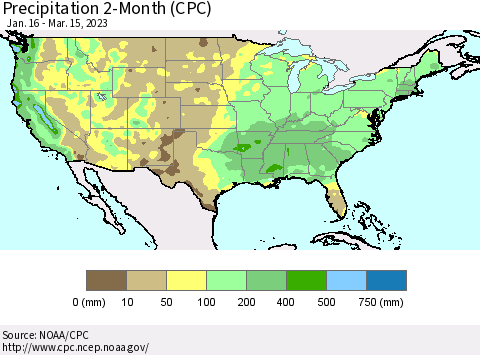 United States Precipitation 2-Month (CPC) Thematic Map For 1/16/2023 - 3/15/2023
