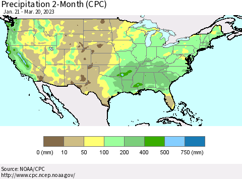 United States Precipitation 2-Month (CPC) Thematic Map For 1/21/2023 - 3/20/2023