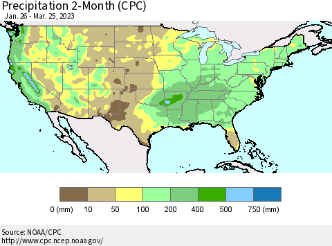 United States Precipitation 2-Month (CPC) Thematic Map For 1/26/2023 - 3/25/2023
