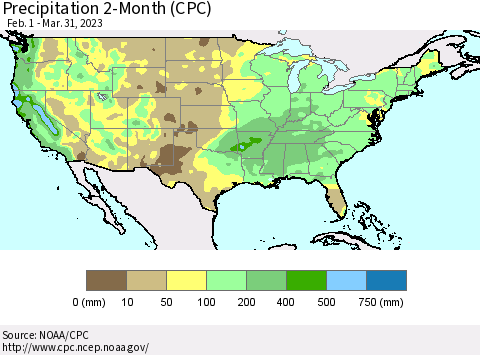 United States Precipitation 2-Month (CPC) Thematic Map For 2/1/2023 - 3/31/2023
