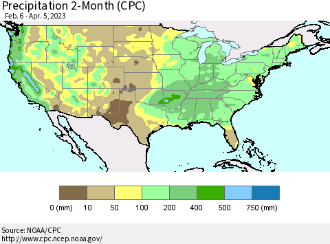 United States Precipitation 2-Month (CPC) Thematic Map For 2/6/2023 - 4/5/2023