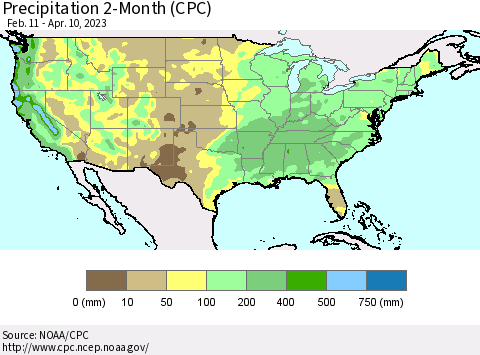 United States Precipitation 2-Month (CPC) Thematic Map For 2/11/2023 - 4/10/2023