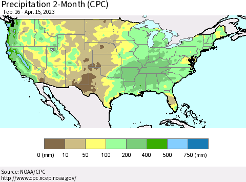 United States Precipitation 2-Month (CPC) Thematic Map For 2/16/2023 - 4/15/2023