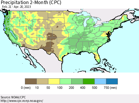 United States Precipitation 2-Month (CPC) Thematic Map For 2/21/2023 - 4/20/2023