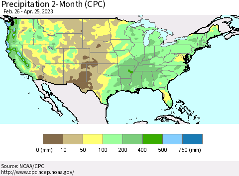United States Precipitation 2-Month (CPC) Thematic Map For 2/26/2023 - 4/25/2023
