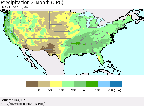 United States Precipitation 2-Month (CPC) Thematic Map For 3/1/2023 - 4/30/2023