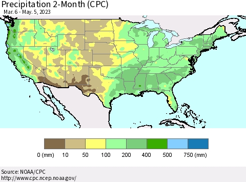 United States Precipitation 2-Month (CPC) Thematic Map For 3/6/2023 - 5/5/2023