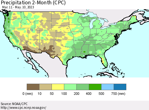 United States Precipitation 2-Month (CPC) Thematic Map For 3/11/2023 - 5/10/2023
