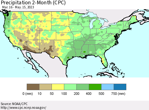 United States Precipitation 2-Month (CPC) Thematic Map For 3/16/2023 - 5/15/2023