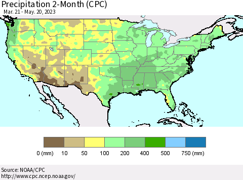 United States Precipitation 2-Month (CPC) Thematic Map For 3/21/2023 - 5/20/2023