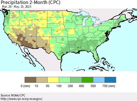 United States Precipitation 2-Month (CPC) Thematic Map For 3/26/2023 - 5/25/2023