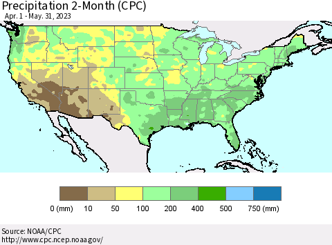 United States Precipitation 2-Month (CPC) Thematic Map For 4/1/2023 - 5/31/2023
