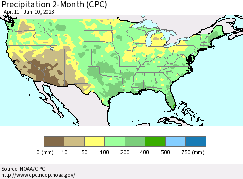 United States Precipitation 2-Month (CPC) Thematic Map For 4/11/2023 - 6/10/2023