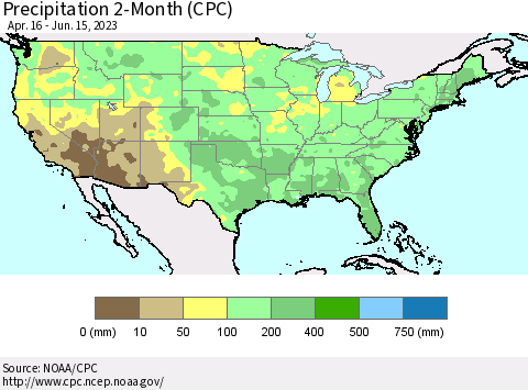 United States Precipitation 2-Month (CPC) Thematic Map For 4/16/2023 - 6/15/2023
