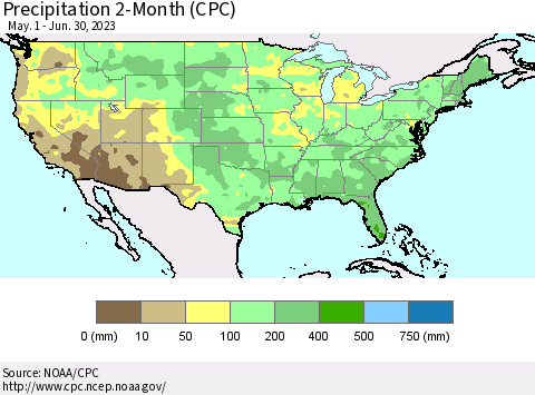 United States Precipitation 2-Month (CPC) Thematic Map For 5/1/2023 - 6/30/2023