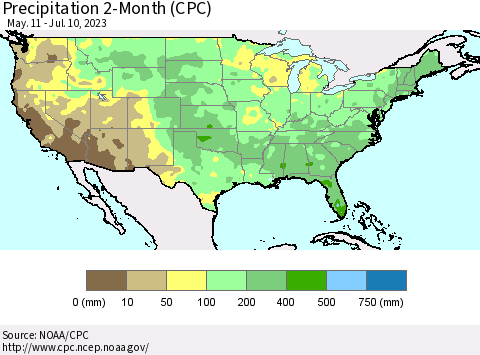 United States Precipitation 2-Month (CPC) Thematic Map For 5/11/2023 - 7/10/2023
