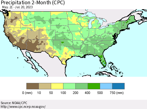 United States Precipitation 2-Month (CPC) Thematic Map For 5/21/2023 - 7/20/2023