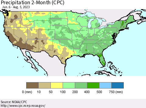 United States Precipitation 2-Month (CPC) Thematic Map For 6/6/2023 - 8/5/2023