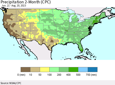 United States Precipitation 2-Month (CPC) Thematic Map For 6/21/2023 - 8/20/2023
