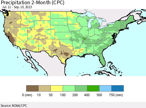United States Precipitation 2-Month (CPC) Thematic Map For 7/11/2023 - 9/10/2023
