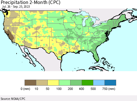 United States Precipitation 2-Month (CPC) Thematic Map For 7/26/2023 - 9/25/2023