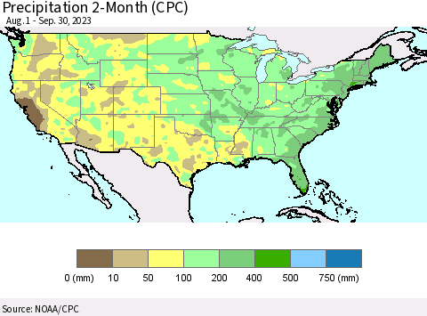 United States Precipitation 2-Month (CPC) Thematic Map For 8/1/2023 - 9/30/2023