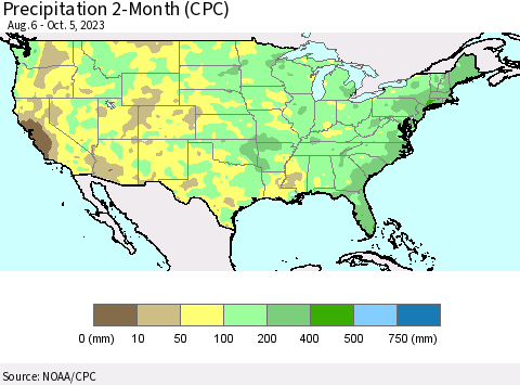 United States Precipitation 2-Month (CPC) Thematic Map For 8/6/2023 - 10/5/2023