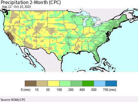 United States Precipitation 2-Month (CPC) Thematic Map For 8/11/2023 - 10/10/2023