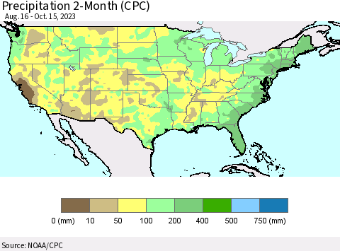 United States Precipitation 2-Month (CPC) Thematic Map For 8/16/2023 - 10/15/2023