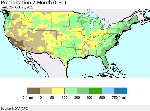 United States Precipitation 2-Month (CPC) Thematic Map For 8/26/2023 - 10/25/2023