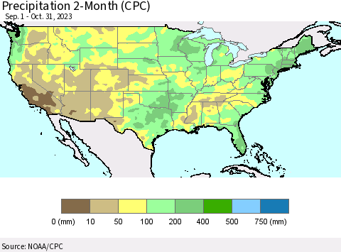 United States Precipitation 2-Month (CPC) Thematic Map For 9/1/2023 - 10/31/2023