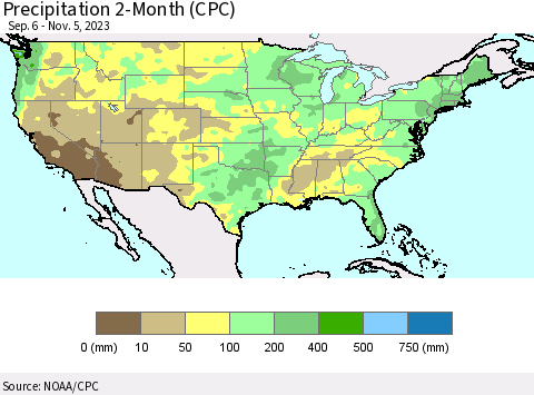 United States Precipitation 2-Month (CPC) Thematic Map For 9/6/2023 - 11/5/2023