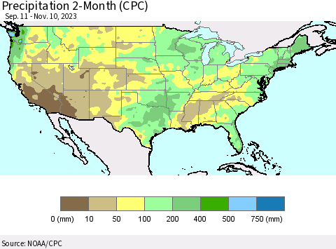 United States Precipitation 2-Month (CPC) Thematic Map For 9/11/2023 - 11/10/2023