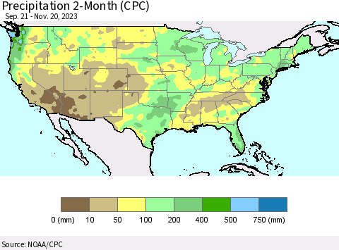 United States Precipitation 2-Month (CPC) Thematic Map For 9/21/2023 - 11/20/2023