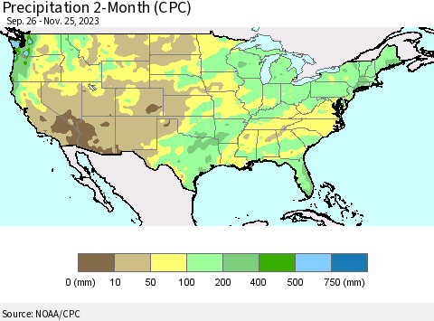 United States Precipitation 2-Month (CPC) Thematic Map For 9/26/2023 - 11/25/2023