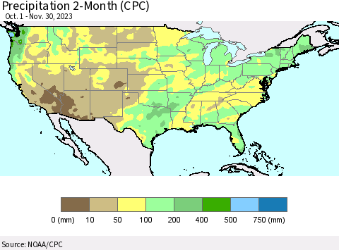 United States Precipitation 2-Month (CPC) Thematic Map For 10/1/2023 - 11/30/2023