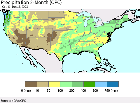 United States Precipitation 2-Month (CPC) Thematic Map For 10/6/2023 - 12/5/2023