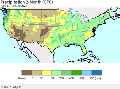 United States Precipitation 2-Month (CPC) Thematic Map For 10/11/2023 - 12/10/2023