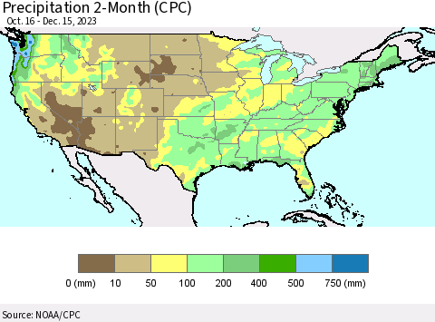 United States Precipitation 2-Month (CPC) Thematic Map For 10/16/2023 - 12/15/2023