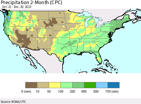 United States Precipitation 2-Month (CPC) Thematic Map For 10/21/2023 - 12/20/2023