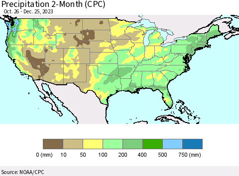 United States Precipitation 2-Month (CPC) Thematic Map For 10/26/2023 - 12/25/2023