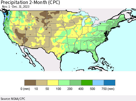United States Precipitation 2-Month (CPC) Thematic Map For 11/1/2023 - 12/31/2023