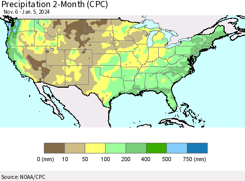 United States Precipitation 2-Month (CPC) Thematic Map For 11/6/2023 - 1/5/2024