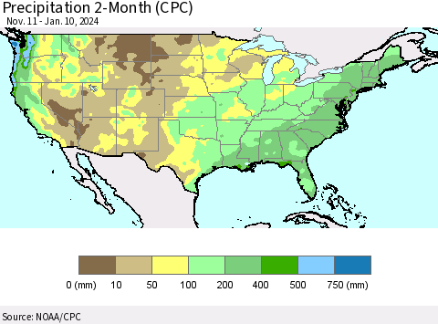 United States Precipitation 2-Month (CPC) Thematic Map For 11/11/2023 - 1/10/2024